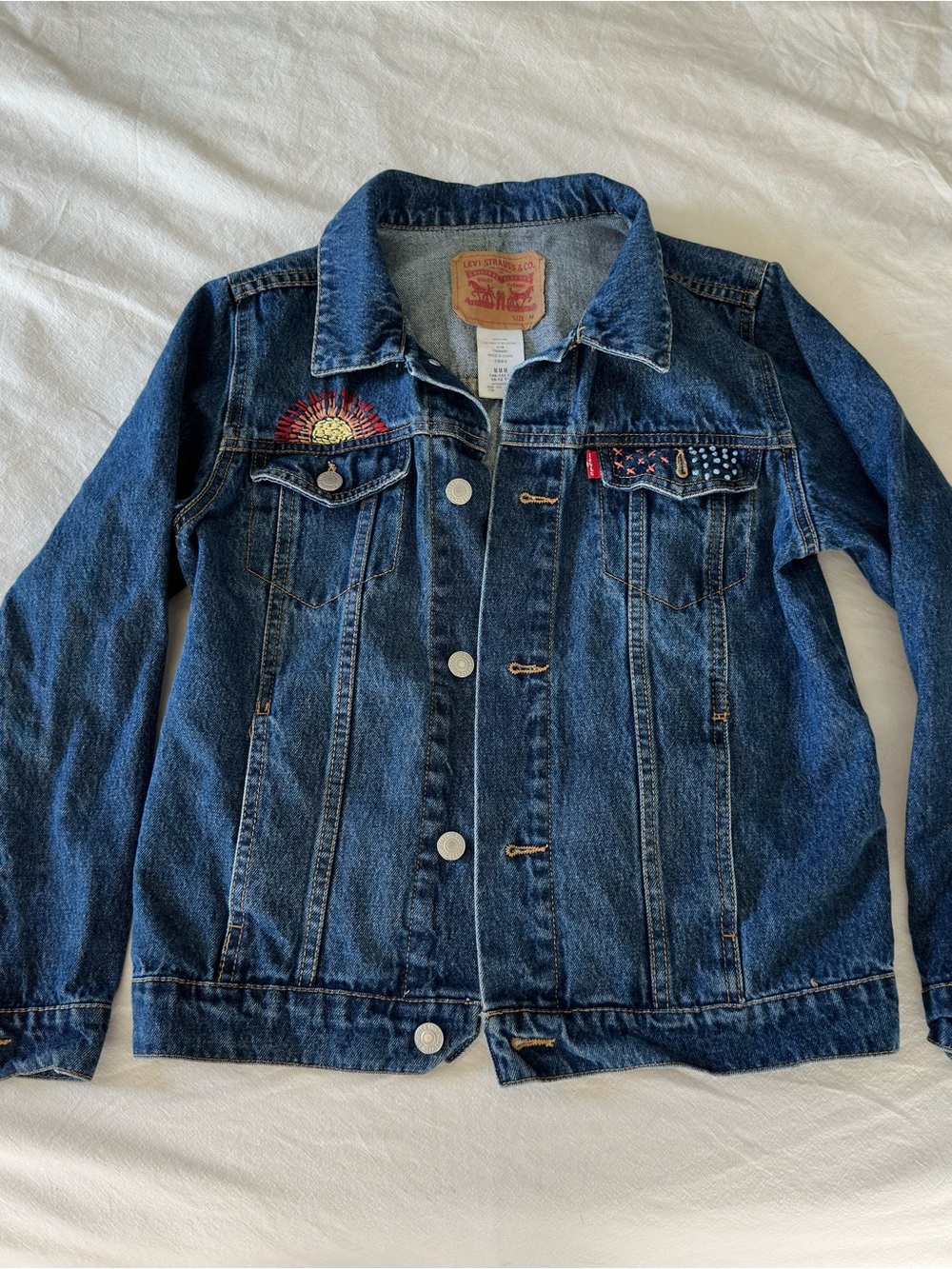 Girls Levi's Blue Denim Trucker Jacket with Embroidered Sunburst and Unicorn